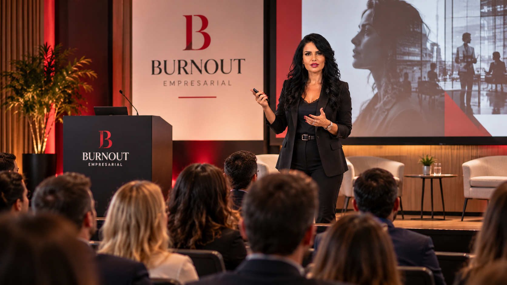 Palestra sobre saúde mental e burnout empresarial apresentada por Cláudia Russo em evento corporativo